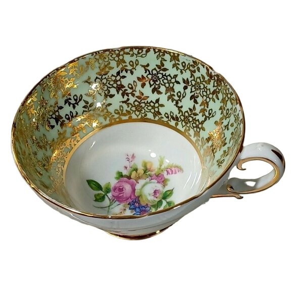 STANLEY ENGLAND QUEEN ANNE TEA CUP TEACUP SAUCER  MINT GREEN ROSE 24K GOLD - Picture 4 of 8